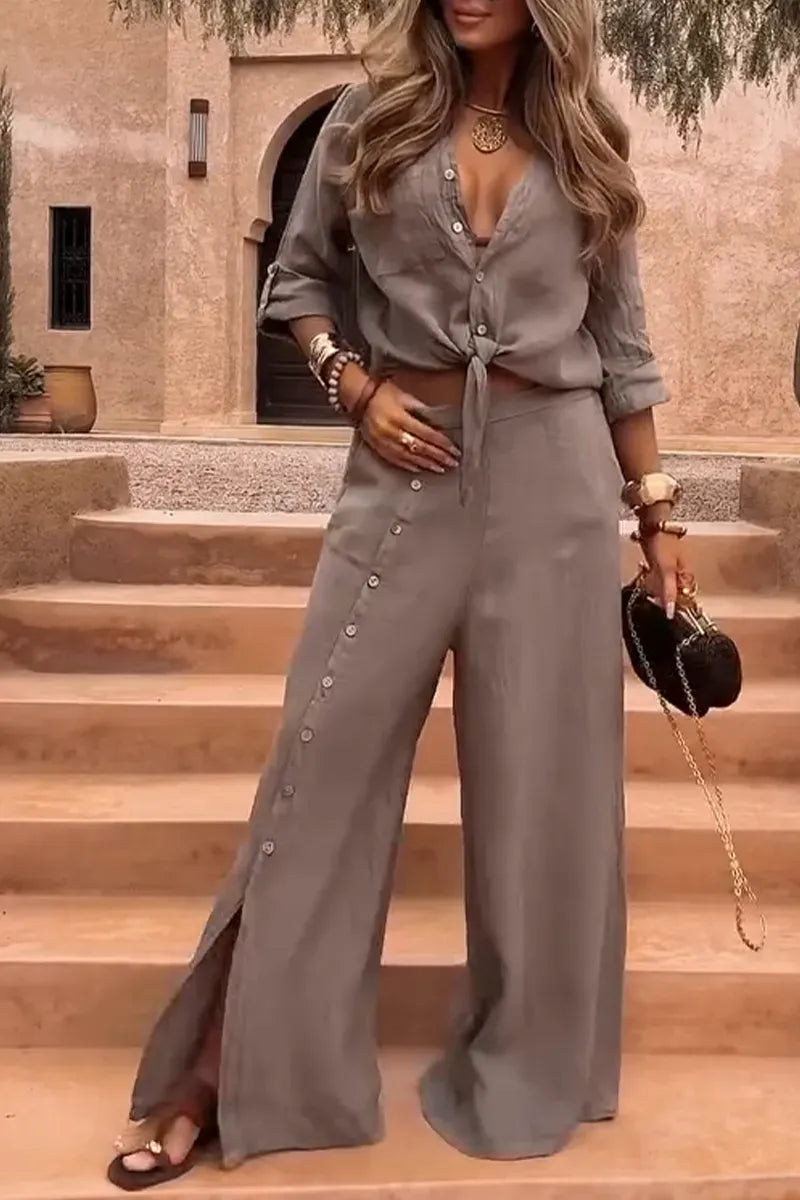 Conjunto Luna em Linho Natural - Modelagem Pantalona e Tecido Respirável (Compre 1 Leve 3)