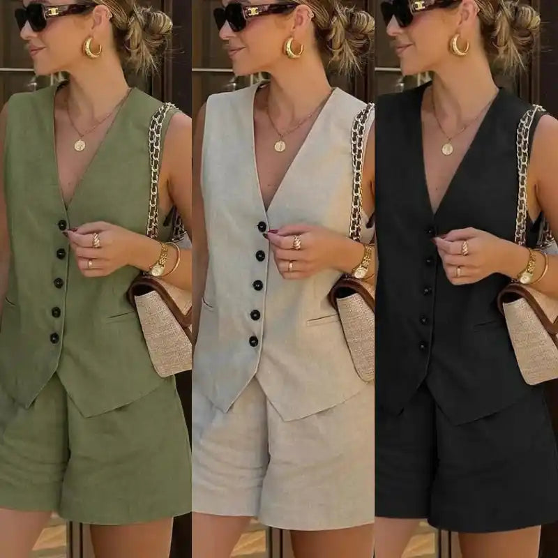 Conjunto Alfaiataria Beatriz - Colete e Shorts 100% Linho (Promoção Compre 1 Leve 2)