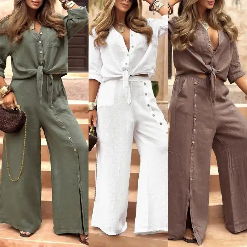 Conjunto Luna em Linho Natural - Modelagem Pantalona e Tecido Respirável (Compre 1 Leve 3)