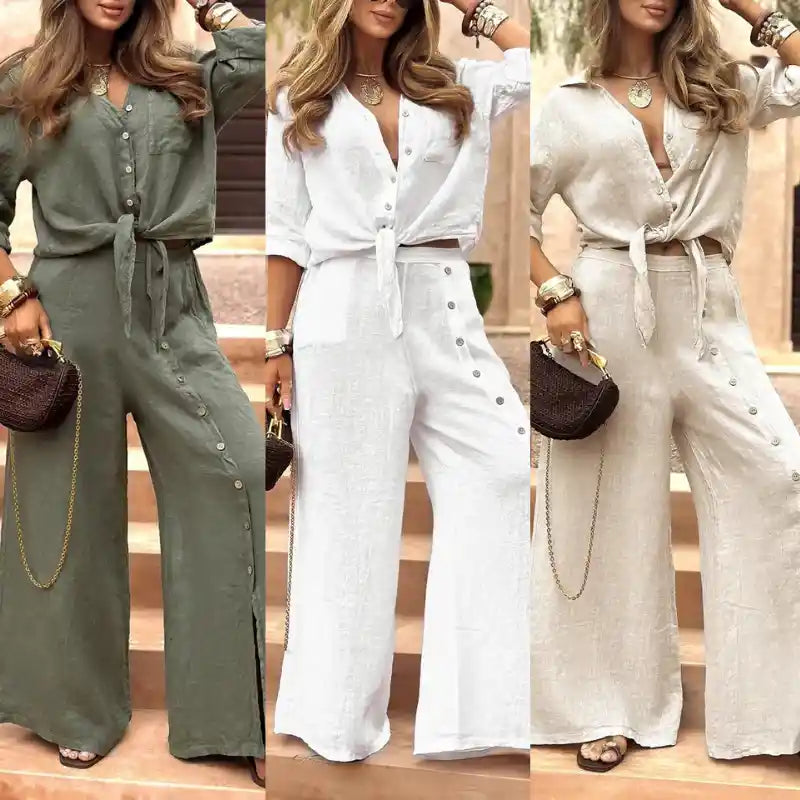 Conjunto Luna em Linho Natural - Modelagem Pantalona e Tecido Respirável (Compre 1 Leve 3)