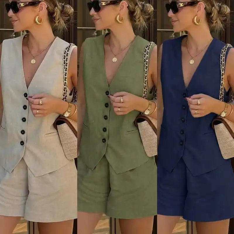 Conjunto Alfaiataria Beatriz - Colete e Shorts 100% Linho (Promoção Compre 1 Leve 2)