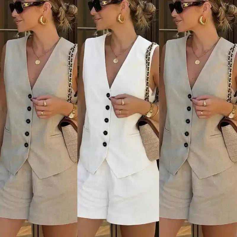 Conjunto Alfaiataria Beatriz - Colete e Shorts 100% Linho (Compre 1 Leve 3)