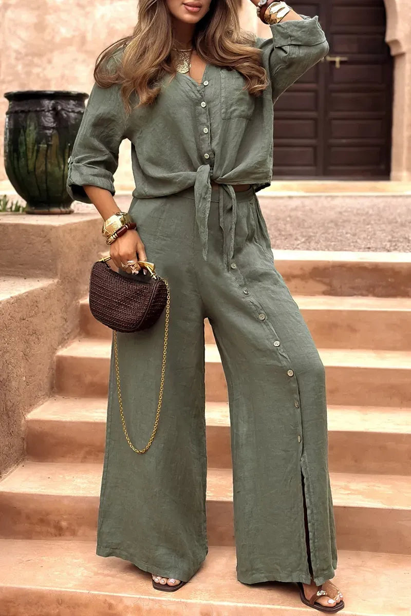 Conjunto Luna em Linho Natural - Modelagem Pantalona e Tecido Respirável (Compre 1 Leve 3)