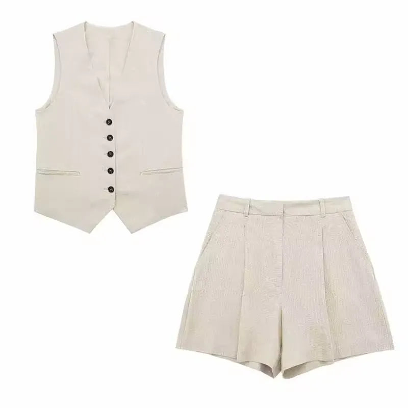 Conjunto Alfaiataria Beatriz - Colete e Shorts 100% Linho (Compre 1 Leve 3)